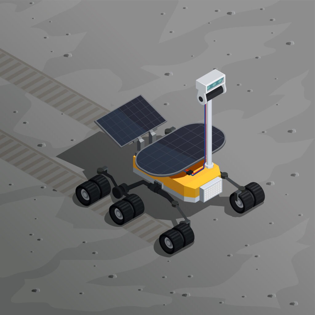 An illustration of a small robotic rover on a gray, rocky surface, featuring six wheels, a solar panel, and a camera on a tall mast.