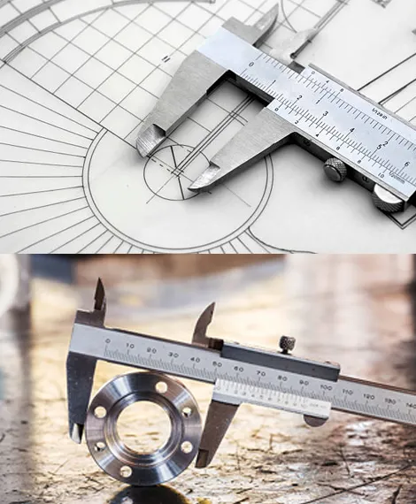 A caliper measures a circular section on a technical drawing in the top image, while in the bottom image, it measures the diameter of a metal flange on a workshop table.