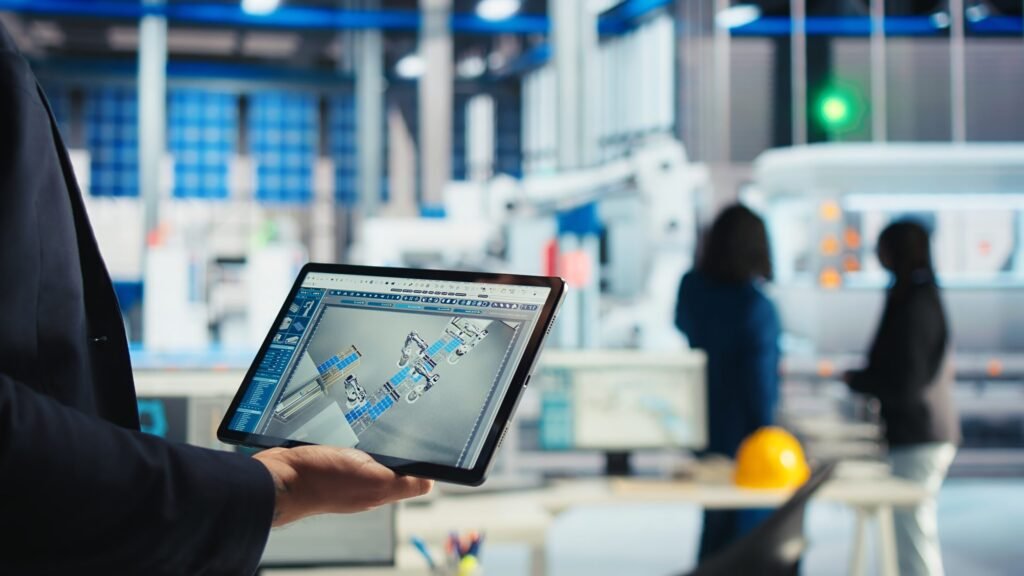 A person holds a tablet displaying a detailed digital design of a robotic assembly line, set in a modern industrial workspace with blurred figures and machinery in the background.